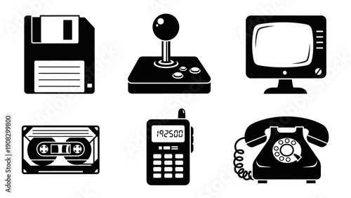 Retro Technology Icons: Floppy Disk, Joystick, TV, Cassette, Mobile Phone, Rotary Phone