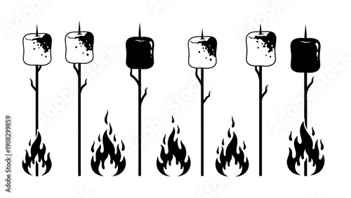 Roasting Marshmallows Over Campfire - Black and White Illustration