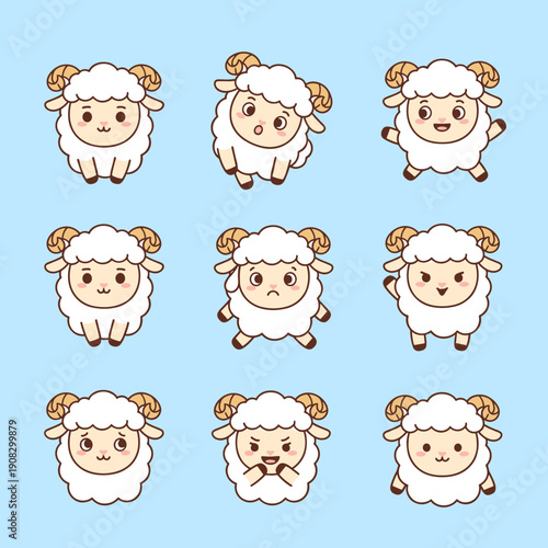 Cute white ram character set with various emotions and poses including happy waving shy and surprised isolated on blue background