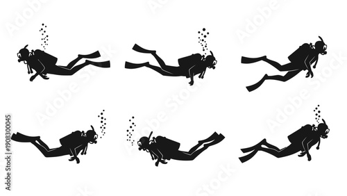 Scuba Divers Silhouette, Underwater Exploration, Bubbles, Ocean Adventure