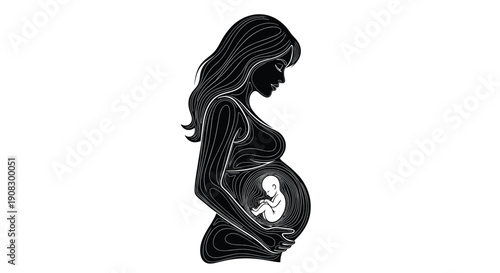 Artistic black and white silhouette of a pregnant woman with an intricate pattern and a visible fetus inside the womb.