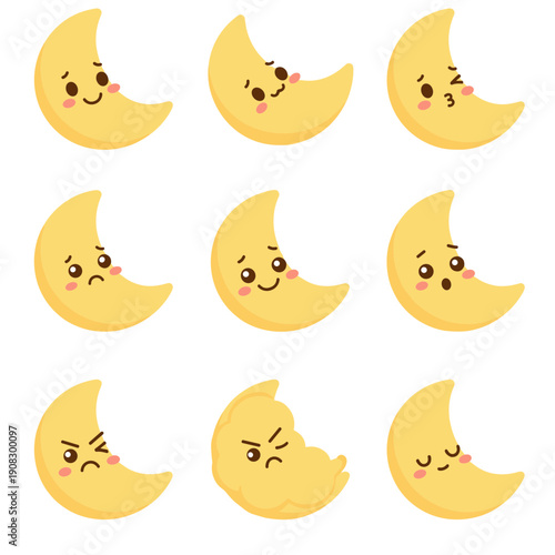 Happy Crescent Moon Character Expression Emoji Set for Night Sky and Bedtime Themes Minimalist Kawaii Flat Vector Illustration Isolated on White