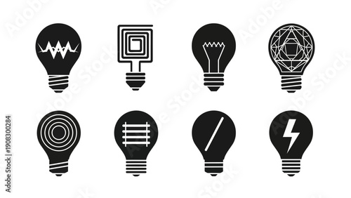Set of 8 stylized light bulb icons representing different ideas and innovation.
