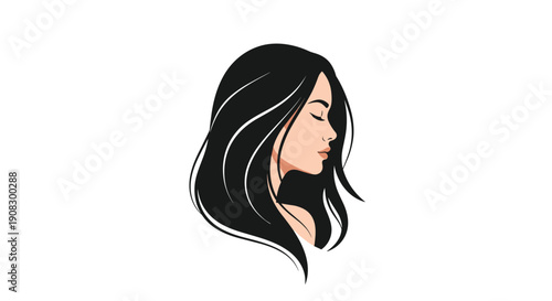 Elegant side profile portrait of a beautiful woman with flowing long black hair against a clean white background.