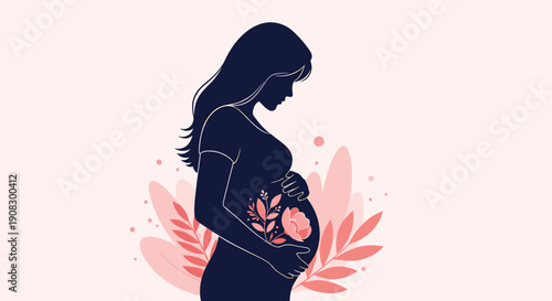 Beautiful silhouette of a pregnant woman with floral patterns inside her belly against a soft pink background with leaves.