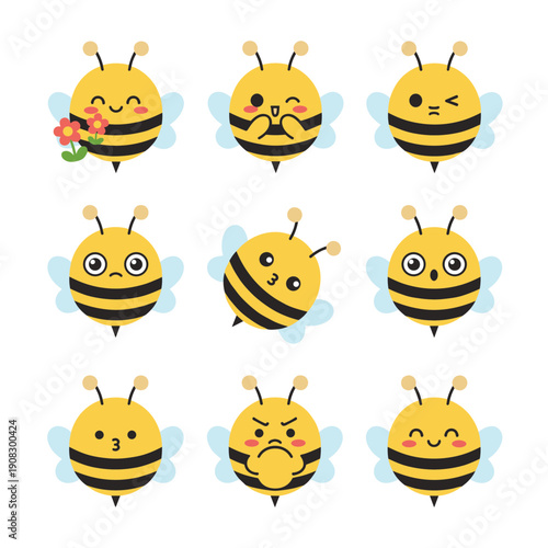 Minimalist Round Honey Bee Character Set with Cute Facial Expressions and Flower Elements for Modern Graphic Design and Mobile Application Stickers