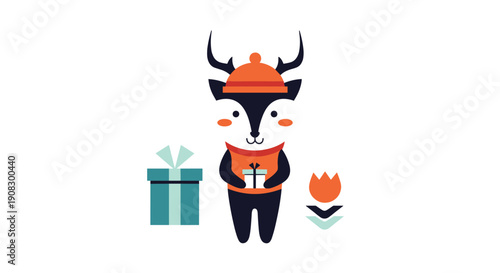 Adorable cartoon deer wearing a hat and vest holding a small gift box near another large present and a flower.