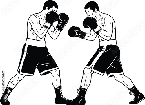 Boxing fighters silhouettes illustration, competitive stance, punching guard position, athletic men sparring, combat sport action, isolated black figures, white background