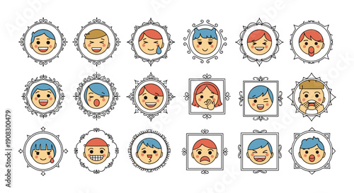Large collection of diverse children emoji faces with different expressions and hair colors set in various ornate frames.