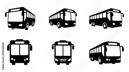Set of Black Bus Icons: Front, Side, and Perspective Views