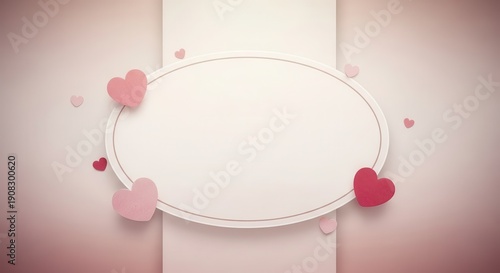 Softly illuminated background featuring a central white oval frame surrounded by scattered small paper hearts in various shades of pink and red