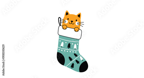 Cute orange kitten peeking out of a decorative blue Christmas stocking with white trim and tree patterns for holiday season.