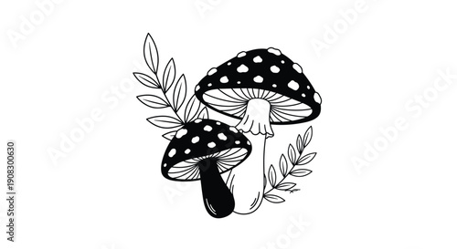 Black and white line art illustration of two fly agaric mushrooms with spotted caps and surrounding green forest leaves.