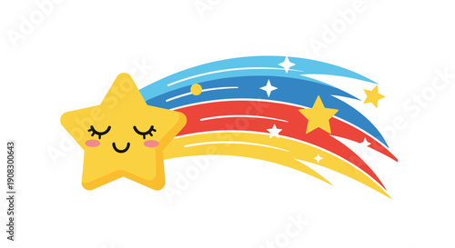 Whimsical cartoon of a smiling yellow shooting star with a vibrant rainbow trail of blue, red, and yellow colors.