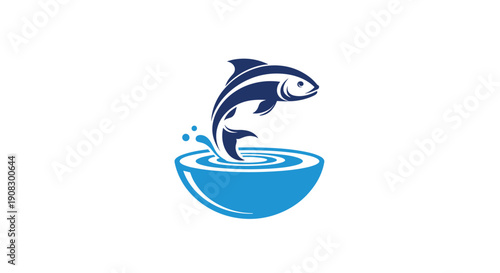Blue fish jumping energetically out of a blue bowl with water splashes against a clean white background representing freedom.