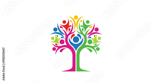 Vibrant tree logo created with multicolored human figures for branches and leaves representing diversity and community.