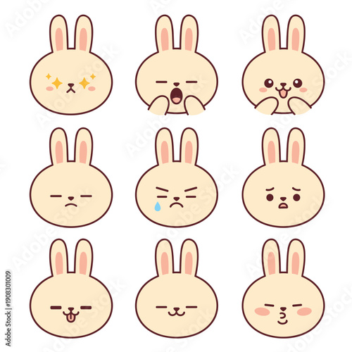 Set of cute bunny rabbit head characters with various facial expressions and emotions isolated on white background for easter and kids design