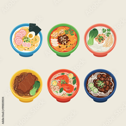 Set of various delicious asian noodle soup bowls top view including ramen and udon with egg vegetables and meat for restaurant menu design