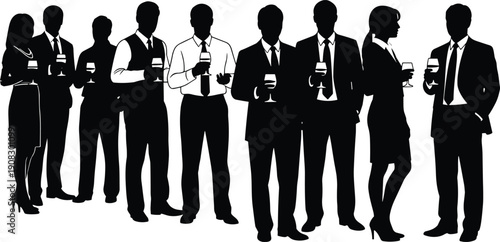 Business people silhouettes at corporate event, professional networking group illustration, formal social gathering artwork with colleagues holding drinks – flavector