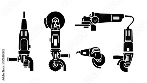 Set of Grinder Tools Icons: Angle Grinder, Rotary Tool, Power Tools Collection