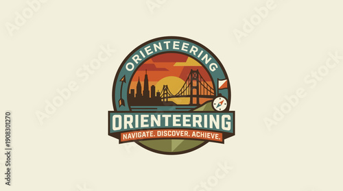 Orienteering Emblem with Golden Gate Bridge and City Skyline
