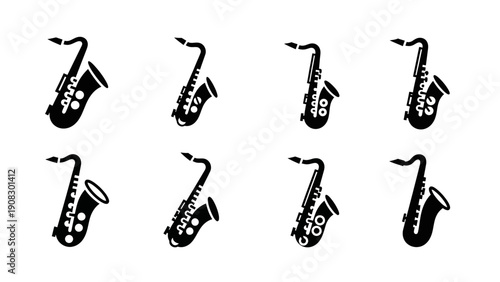 Set of Saxophone Icons, Musical Instrument Silhouettes, Vector Graphics