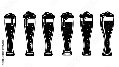 Set of Six Black and White Beer Glasses with Frothy Head