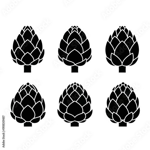 Set of six black artichoke icons on a white background, stylized vector illustration
