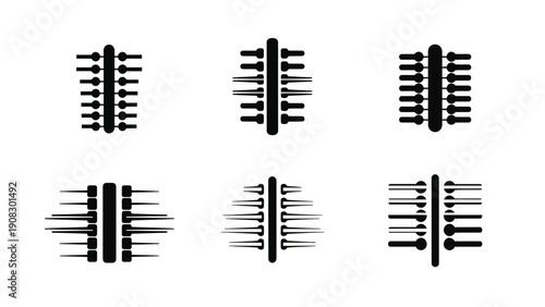 Set of six black electronic circuit board connector icons on white background