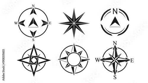 Set of Six Compass Rose and Wind Rose Icons for Navigation and Direction