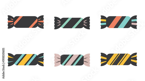 Set of six colorful striped candies wrapped in dark paper, isolated on white background