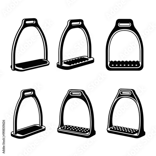 Set of six horse riding stirrups, isolated on white background, vector illustration