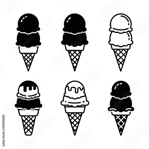 Set of Six Ice Cream Cones, Black and White Line Art Icons