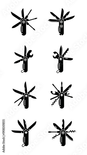 Set of Swiss Army Knives Icons: Multi-tool Pocket Knife Variations