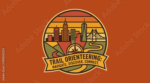 Trail Orienteering Navigate Discover Connect Cityscape Retro Badge Design