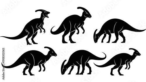 Silhouette Collection of Parasaurolophus Dinosaurs in Various Poses