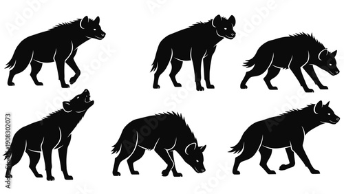 Silhouette of Hyenas in Various Poses - Walking, Howling, and Foraging