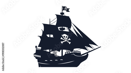 Silhouette of a Pirate Ship with Jolly Roger Flag and Skull Emblem on a White Background