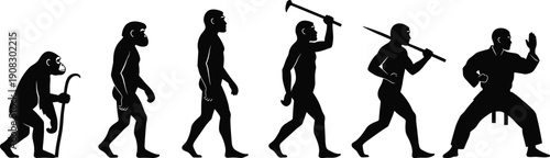 Human evolution silhouettes sequence, ape to modern man progression, tool usage development, walking stages, isolated black figures, white background