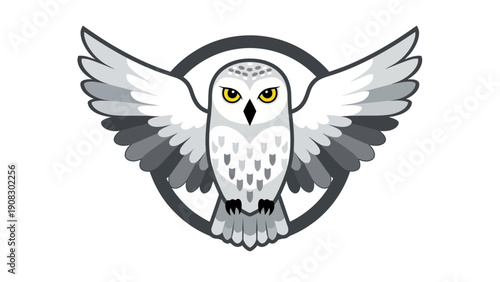 Snowy Owl Emblem with Wings Spread in Circle, Majestic Bird of Prey Icon