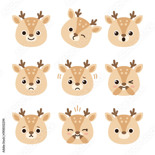 Adorable deer or reindeer head emoji collection with different facial expressions for Christmas winter and wildlife conservation themes
