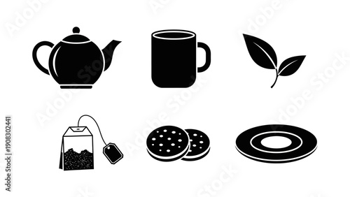 Tea Time Icons: Teapot, Mug, Tea Leaves, Tea Bag, Cookies, Saucer