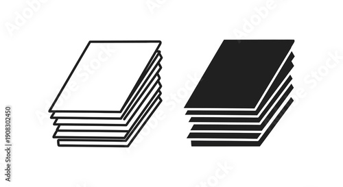 A minimalist black and white illustration depicts two stacks of rectangular cards one white and one black
