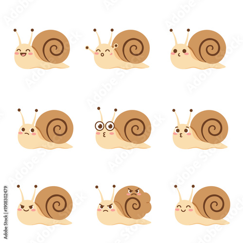 Kawaii snail character set with different facial emotions and poses, cute garden mollusk emoji collection in flat vector style isolated on white background
