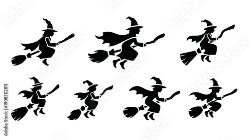 Witch Silhouettes Flying on Broomsticks - Halloween Icon Set