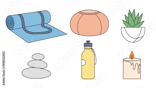 Yoga and Meditation Essentials: Mat, Stones, Candle, Plant, Water Bottle, Pouf