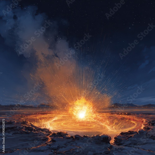 Radiant fiery orb bursting outward: a powerful blast, sparks and smoke over scorched terrain