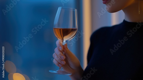 Woman holding a glass of rose wine while looking out the window  