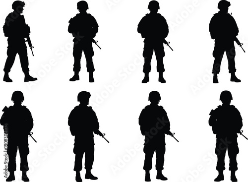 Armed soldier silhouettes set, tactical military poses, standing guards with rifles, defense forces personnel, isolated black figures, white background