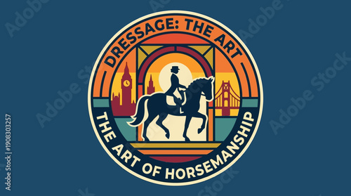 Dressage The Art of Horsemanship Emblem with Iconic Cityscape Background